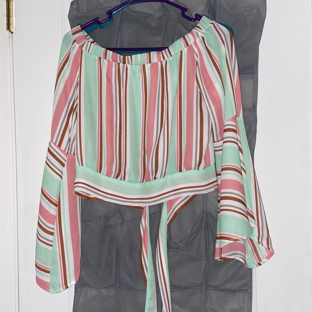 Colorful off the shoulder top.